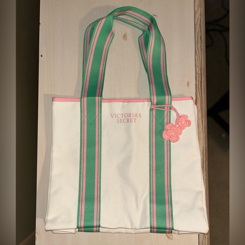 Victoria's Secret Cream Tote with Green and Pink Stripes